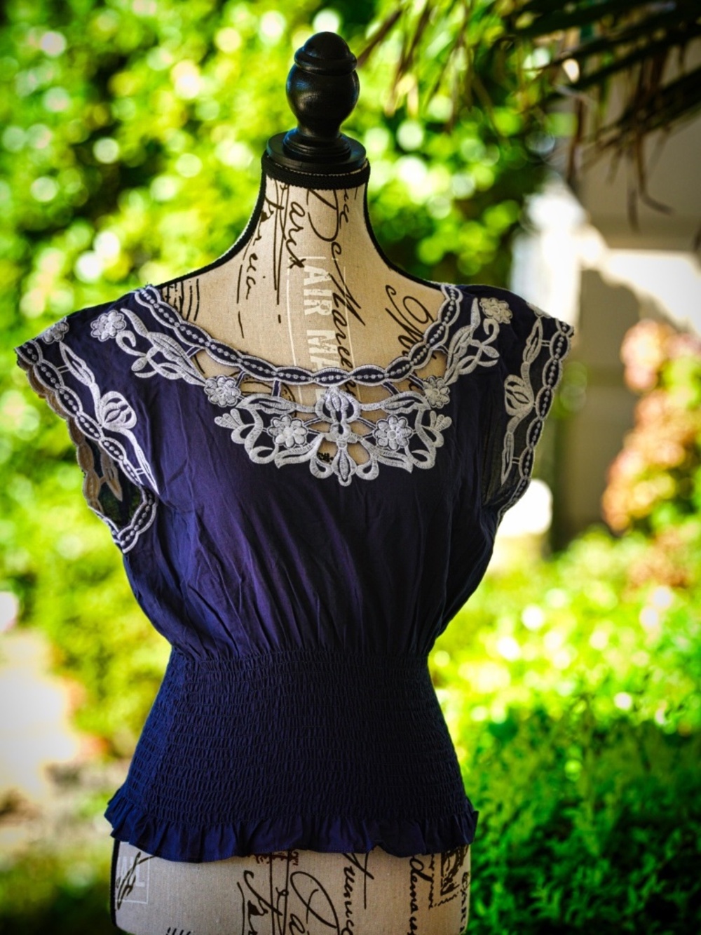 Poetry Collection Navy Blue Embroidered Cutout Peplum Blouse – Size Medium